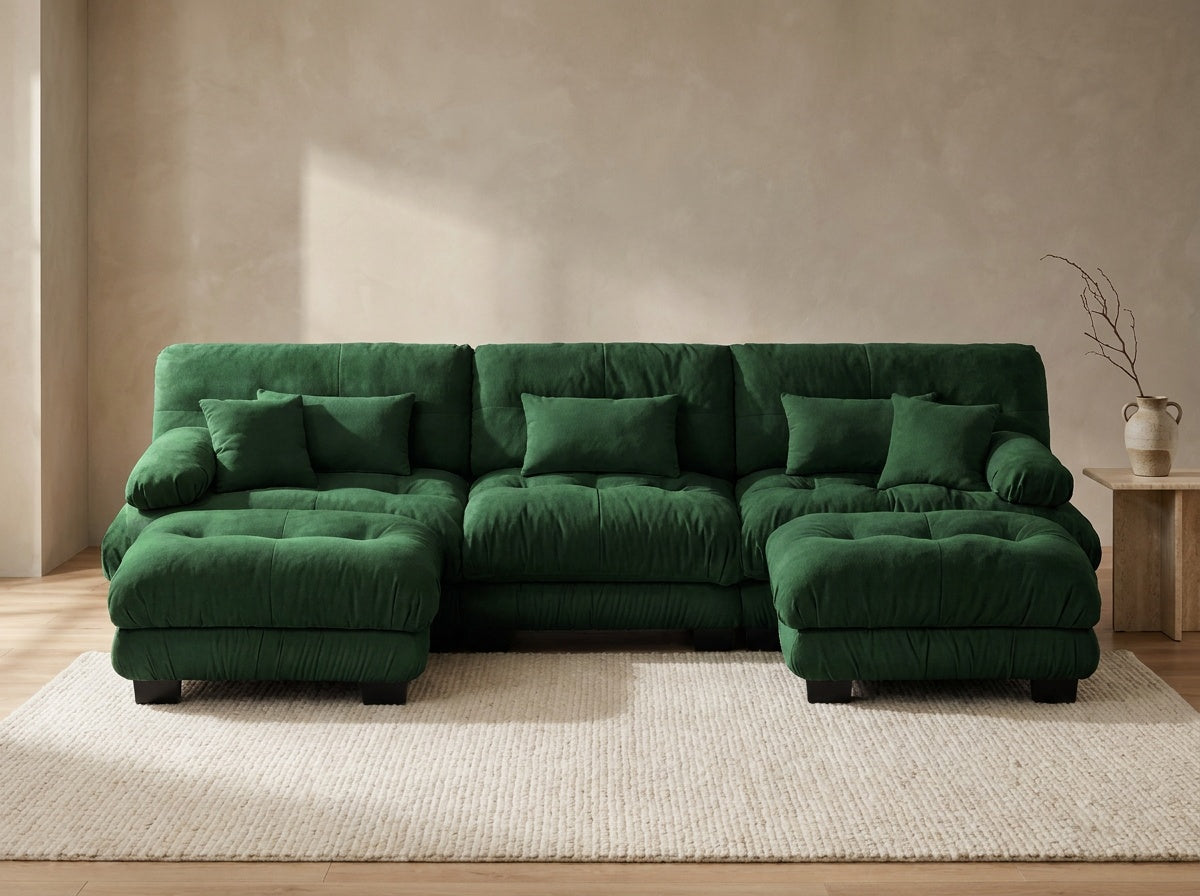 Cloudies 3-seater with 2 ottomans in Emerald Green chenille.