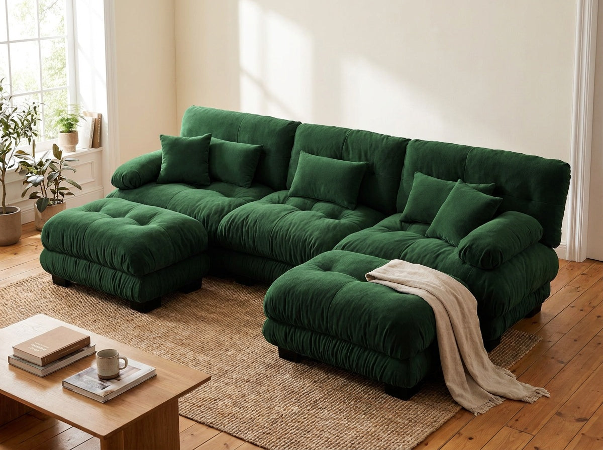 Emerald Green Cloudies sofa in a living room with a wood floor and daylight