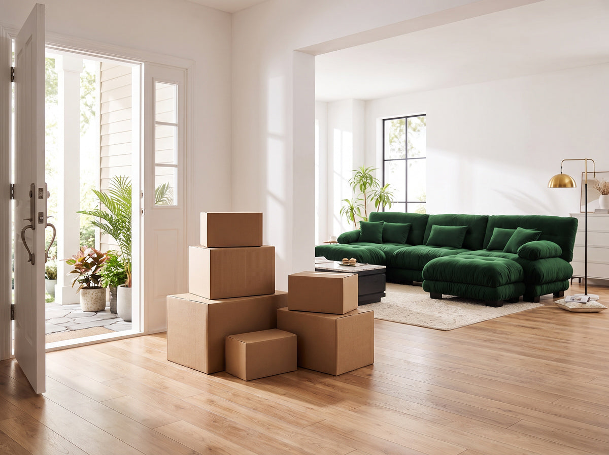 Compact Cloudies delivery boxes inside the front door, with the assembled sofa in the living room