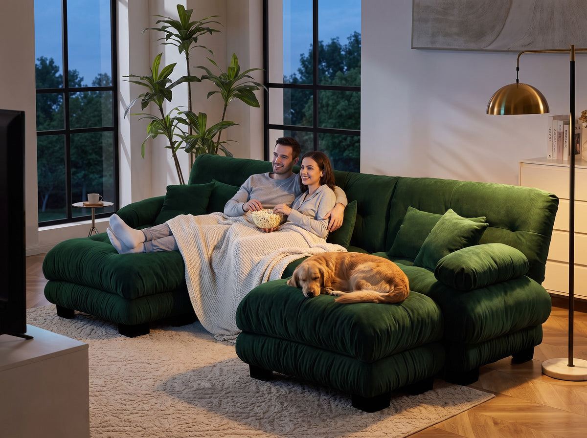 Cloudies 3-seater with 2 ottomans, set up as a stretch-out lounge.