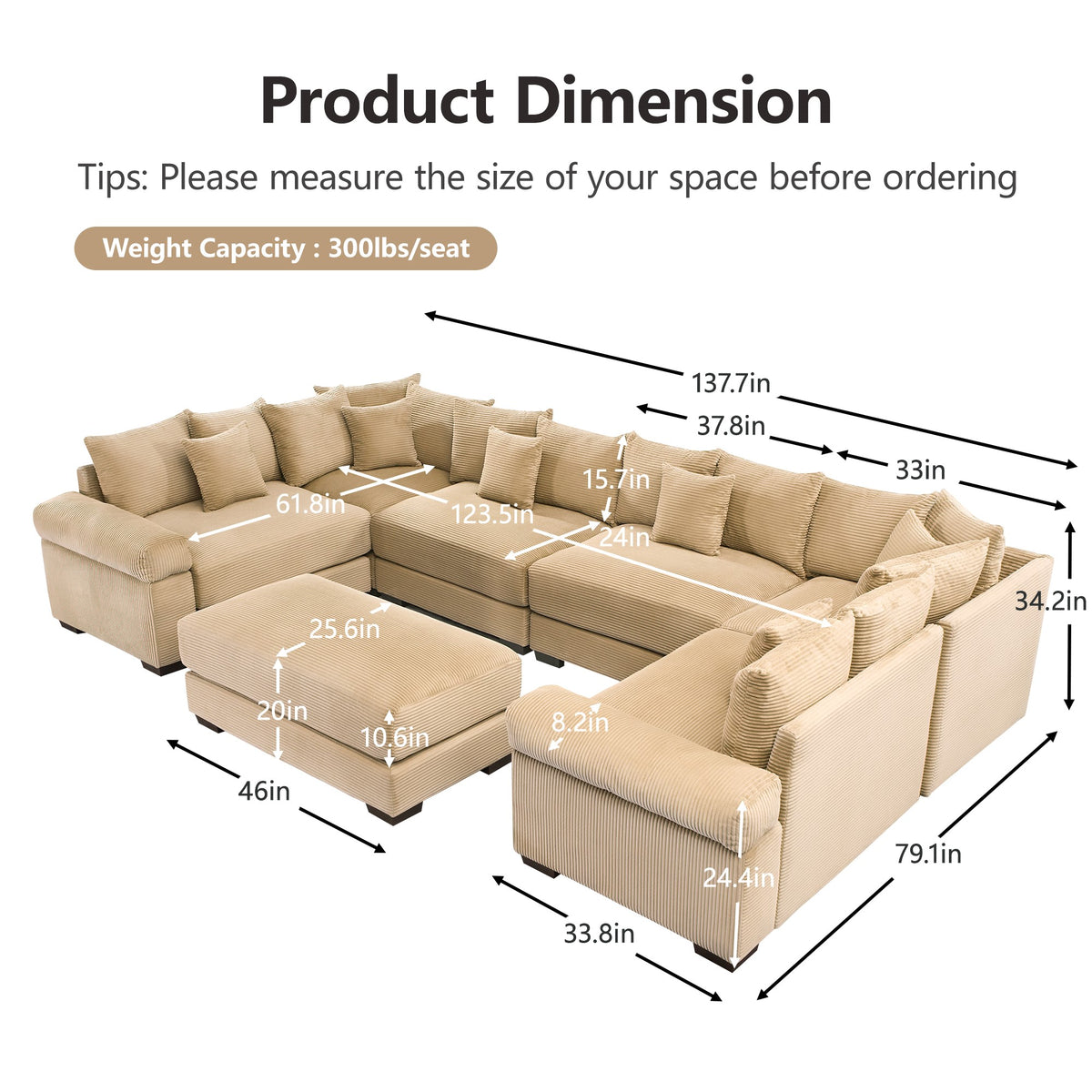 DESEO 138" Sectional Sofa with Ottoman